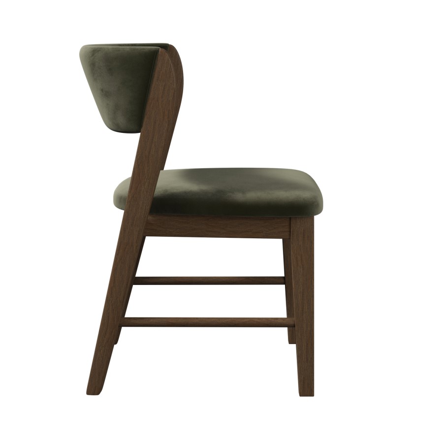Set of 2 Green Velvet Curved Back Wooden Dining Chairs with Walnut Finish Legs - June
