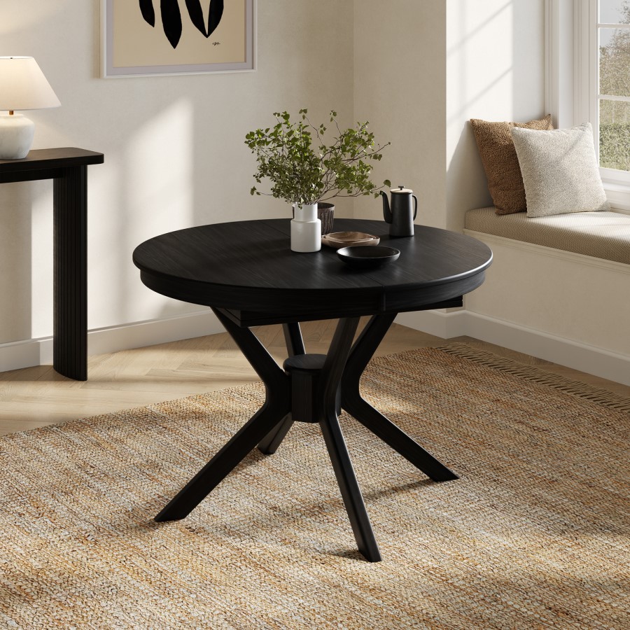 Large Black Wooden Extendable Round to Oval Dining Table - Seats 4 - 6 - Karie