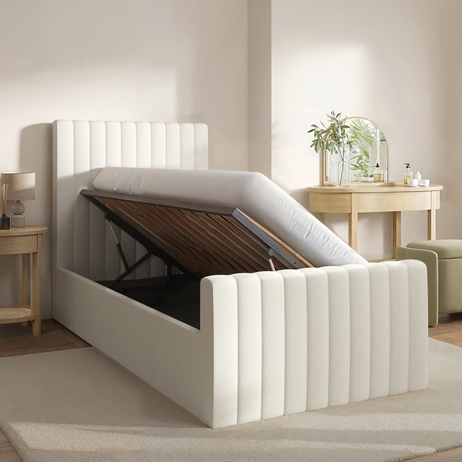 Cream Upholstered Single Side-Lift Ottoman Bed - Khloe