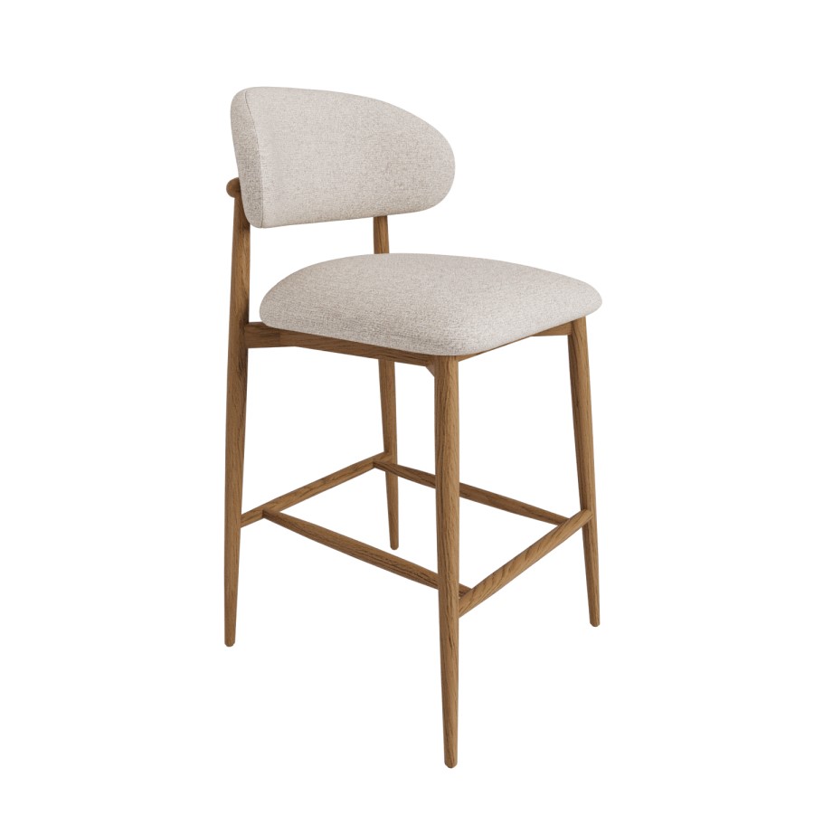 ONLY OPENED - Beige Upholstered Curved Kitchen Stool with Solid Rustic Oak Exposed Back - Kori