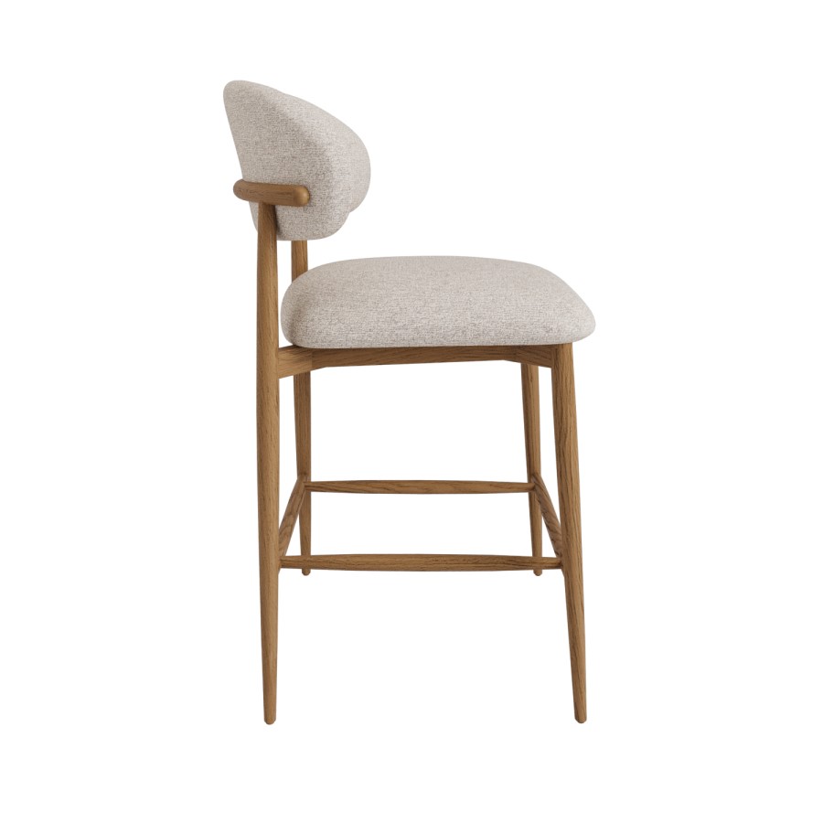 ONLY OPENED - Beige Upholstered Curved Kitchen Stool with Solid Rustic Oak Exposed Back - Kori
