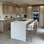ONLY OPENED - Beige Upholstered Curved Kitchen Stool with Solid Rustic Oak Exposed Back - Kori