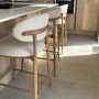 ONLY OPENED - Beige Upholstered Curved Kitchen Stool with Solid Rustic Oak Exposed Back - Kori