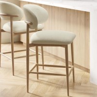 Cream Upholstered Curved Kitchen Stool with Limewash Solid Wood Exposed Back - Kori