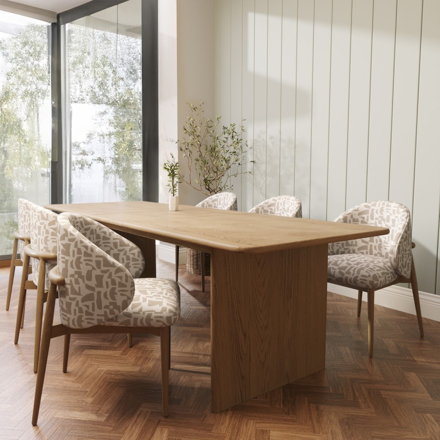 ALMOST PERFECT - Beige Printed Upholstered Curved Dining Chair With Solid Rustic Oak Exposed Back - Kori