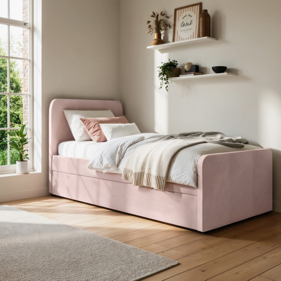 Pink Velvet Single Guest Bed with Trundle - Layla