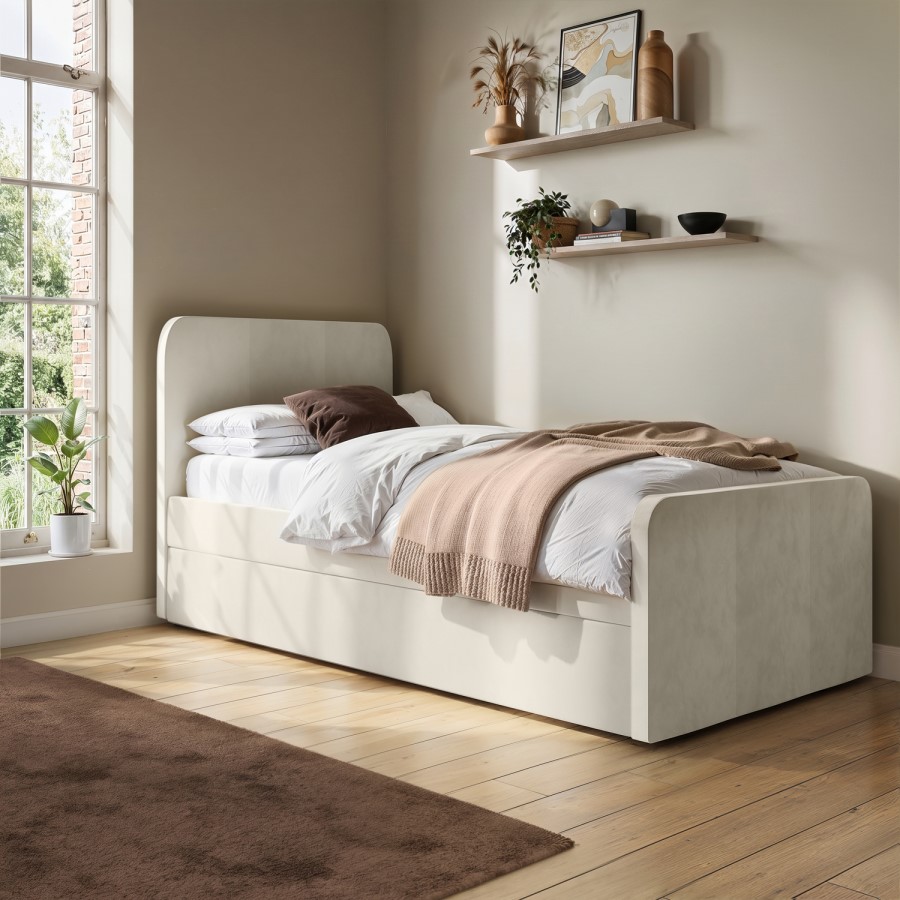 Cream Velvet Single Guest Bed with Trundle and 1 Mattress - Layla