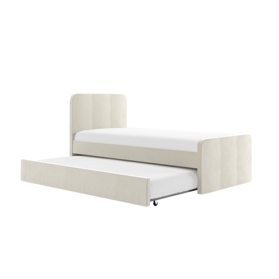 Cream Velvet Single Guest Bed with Trundle and 1 Mattress - Layla