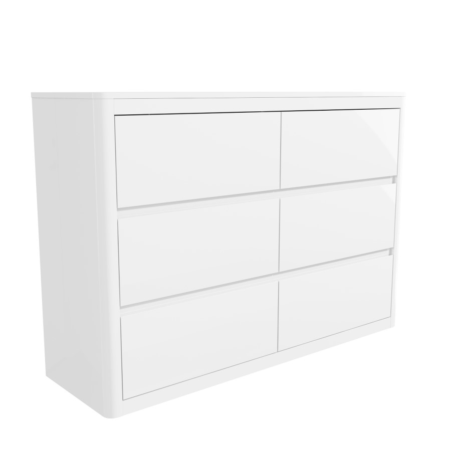 Wide White High Gloss 6 Drawer Chest of Drawers with Curved Edges - Lexi