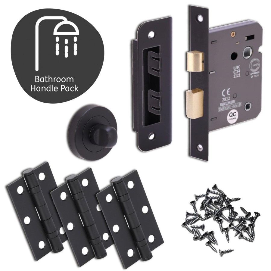 Internal Matt Black Bathroom Lever Door Handle with Lock, Latch and Hinges Pack - 65mm Latch - Livenza - XL Joinery