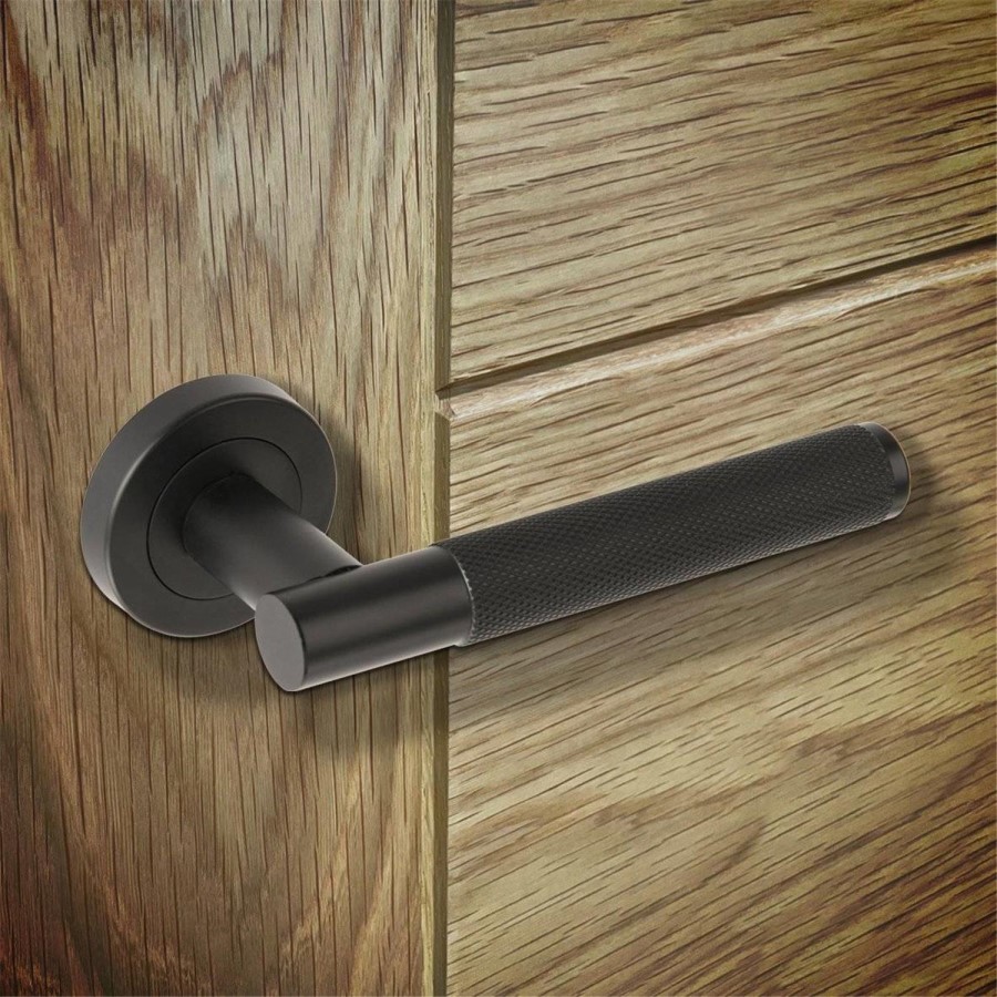 Internal Matt Black Bathroom Lever Door Handle with Lock, Latch and Hinges Pack - 75mm Latch - Livenza - XL Joinery