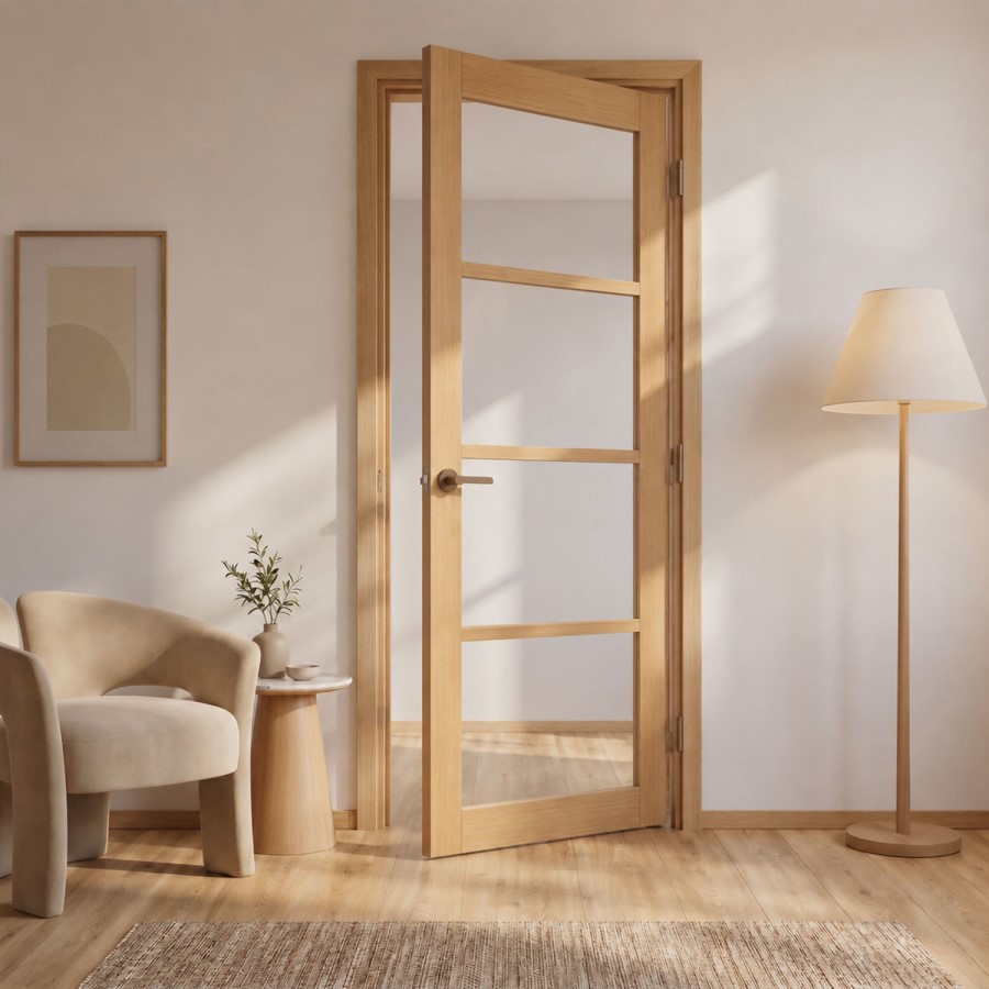 Internal Oak Laminate Glazed Industrial Style Door with Clear Glass - Pre-Finished - 1981 x 762 x 35mm - Brent - XL Joinery