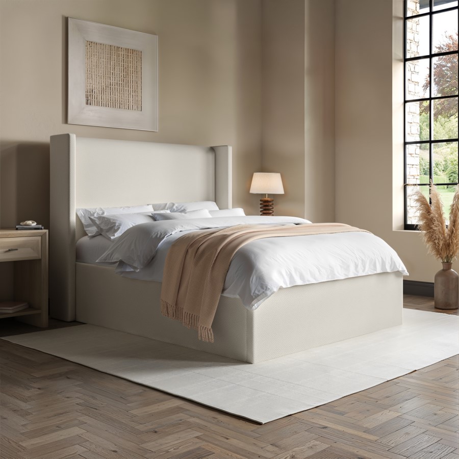 Cream Upholstered Double Ottoman Bed with Winged Headboard - Loxley
