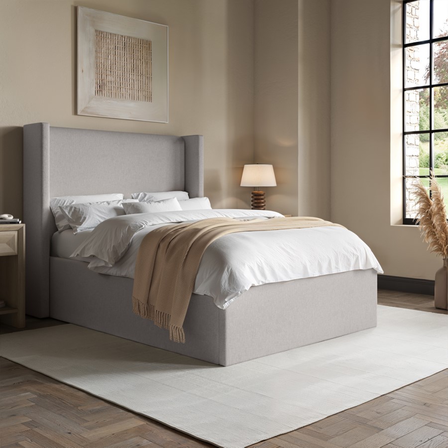 Grey Upholstered Double Ottoman Bed with Winged Headboard - Loxley
