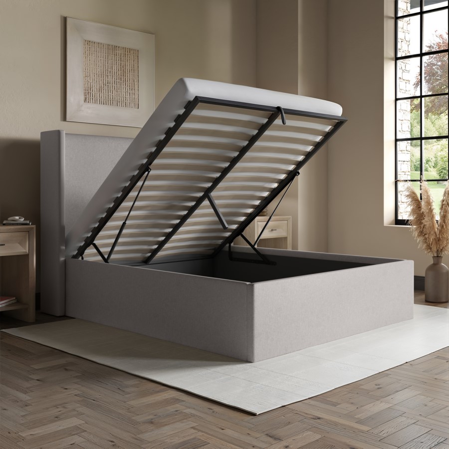 Grey Upholstered King Size Ottoman Bed with Winged Headboard - Loxley