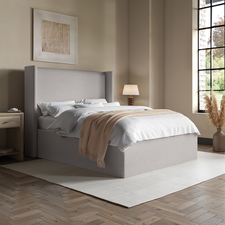 Grey Upholstered Small Double Ottoman Bed with Winged Headboard - Loxley
