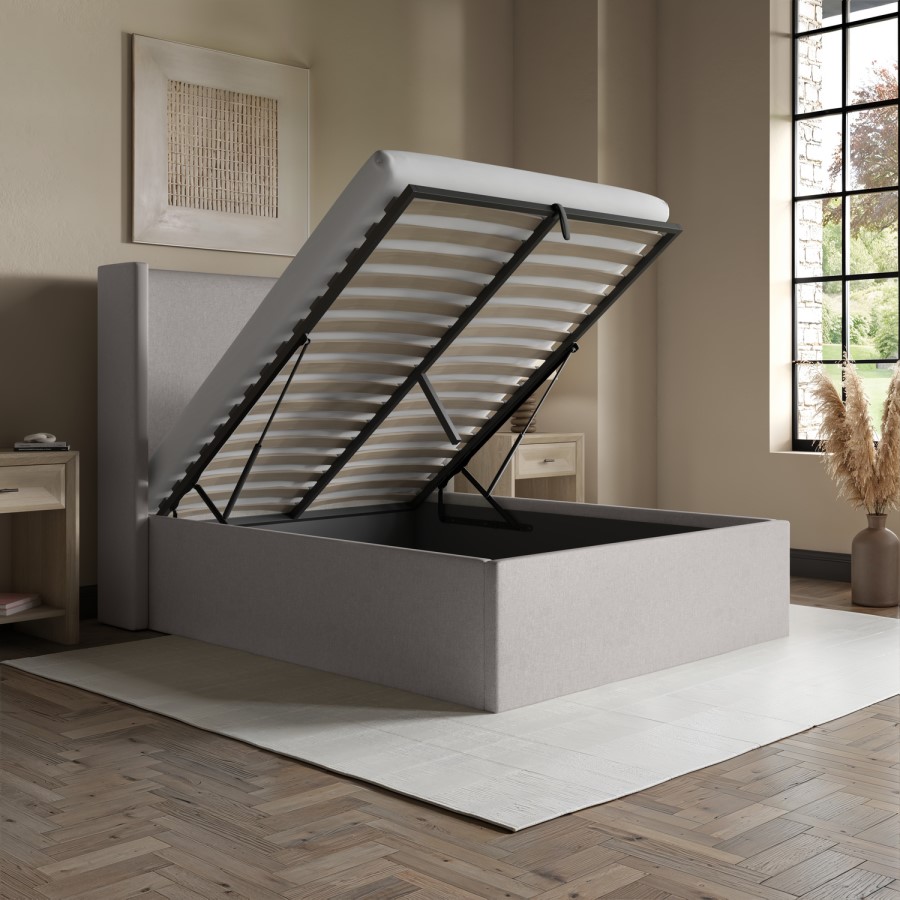 Grey Upholstered Small Double Ottoman Bed with Winged Headboard - Loxley