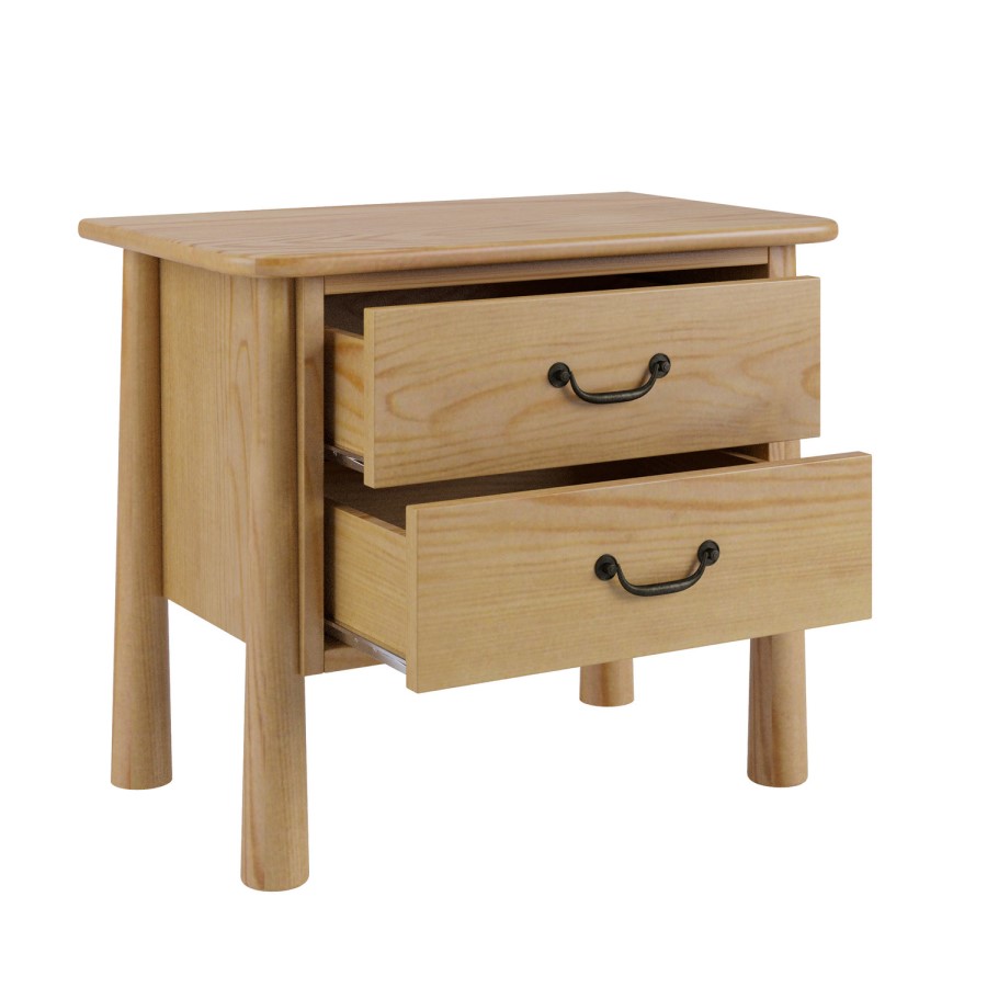 Wide Light Wood 2 Drawer Bedside Table - Loretta