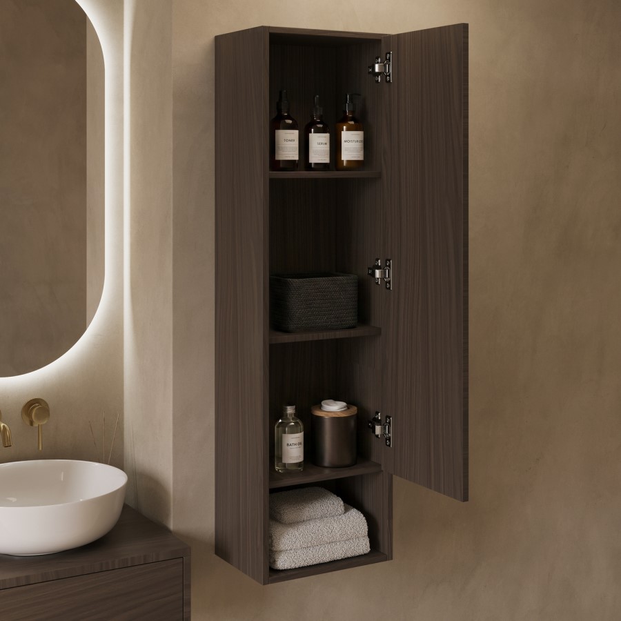 Single Door Walnut Wood Effect Wall Mounted Tall Bathroom Cabinet 350 x 1250mm - Lugo