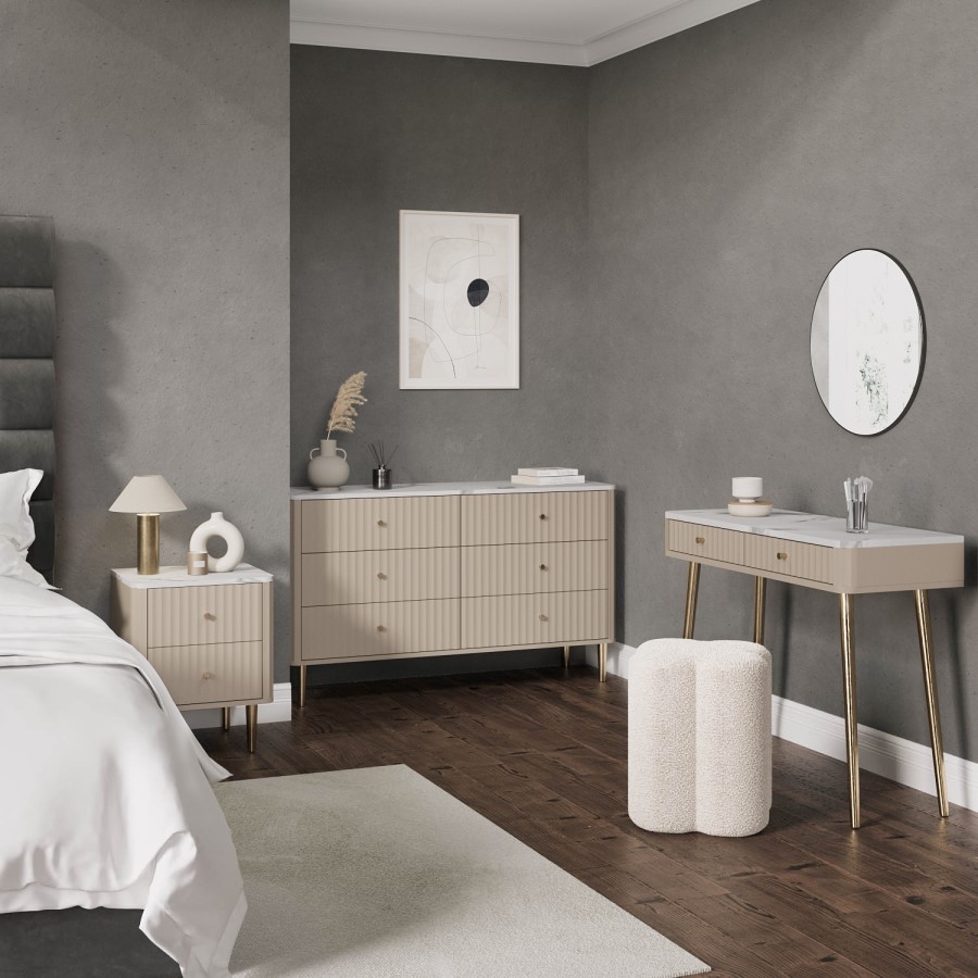 Taupe Marble Effect Top Fluted Dressing Table with Drawers - Lucia
