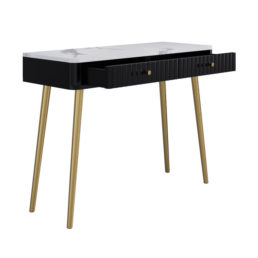 Black Marble Effect Top Fluted Dressing Table with Drawers - Lucia