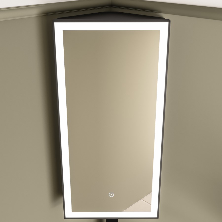 Single Door Corner Black Bathroom Mirror Cabinet with Lights 300 x 600mm - Lykos