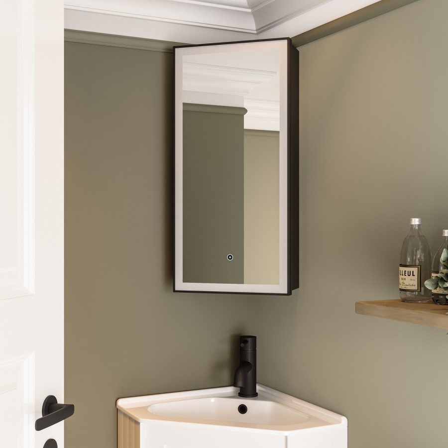 Single Door Corner Black Bathroom Mirror Cabinet with Lights 300 x 600mm - Lykos