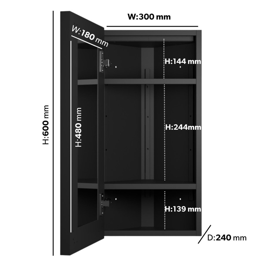 Single Door Corner Black Bathroom Mirror Cabinet with Lights 300 x 600mm - Lykos