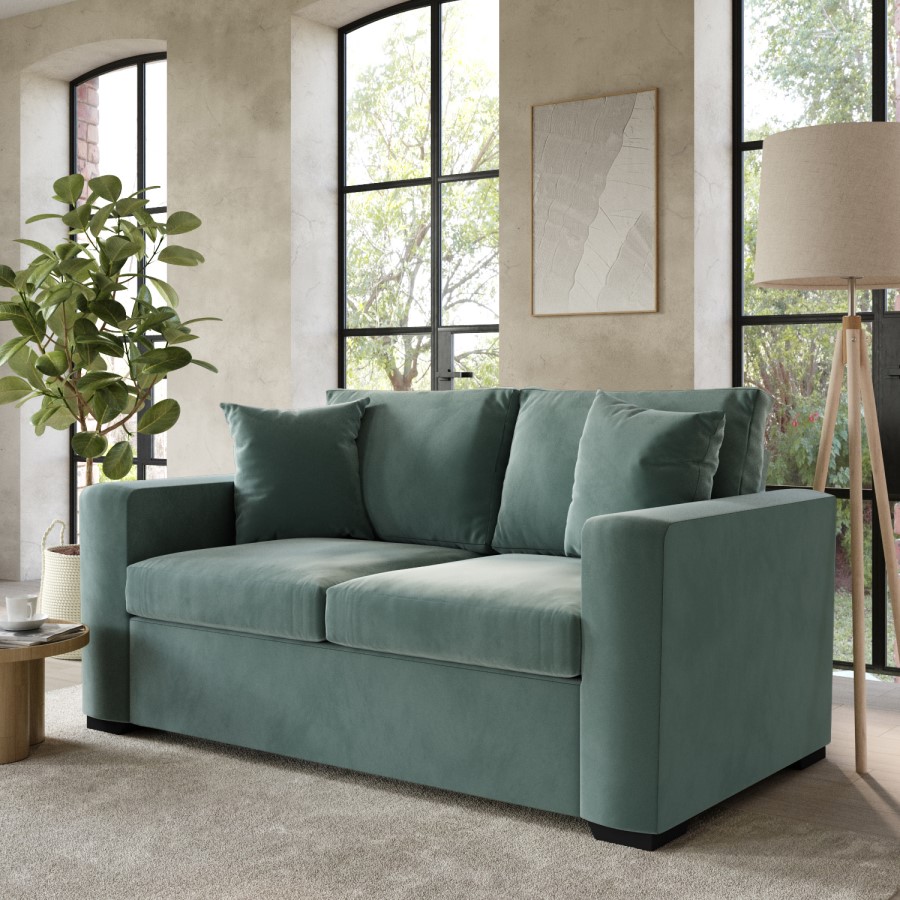 2 Seater Pull-Out Sofa Bed in Teal Green Velvet - Layton