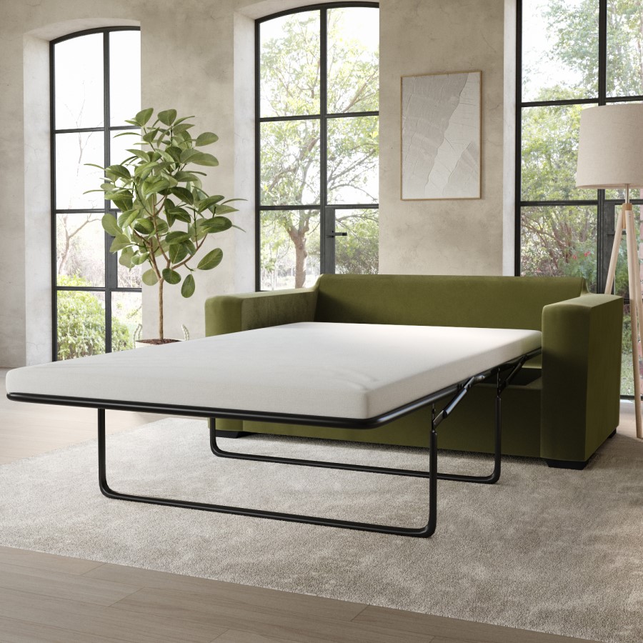2 Seater Pull-Out Sofa Bed in Olive Green Velvet - Layton