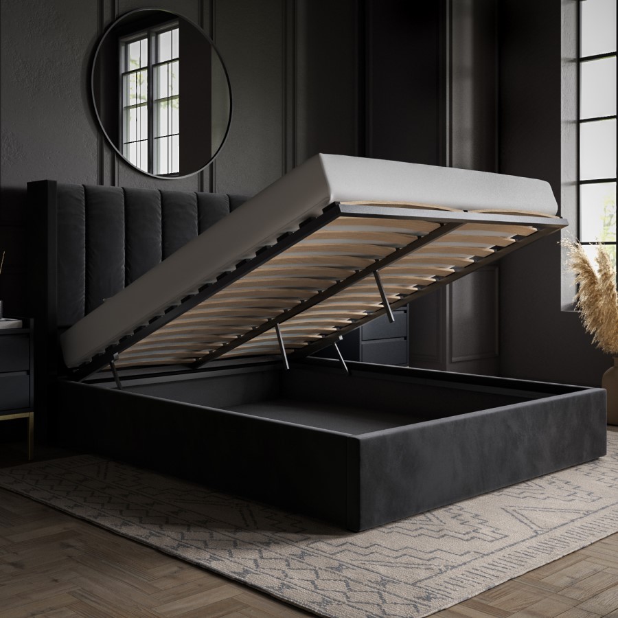 ONLY OPENED - Black Velvet King Size Ottoman Bed with Winged Headboard - Maddox