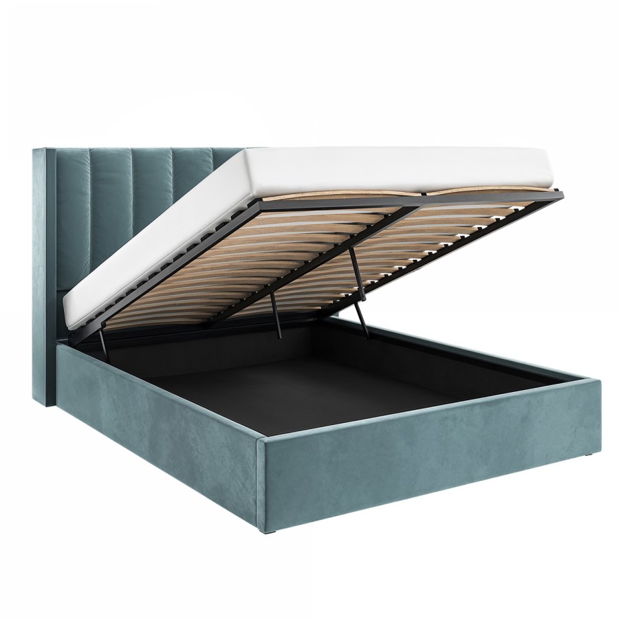 Blue Velvet King Size Ottoman Bed With Winged Headboard - Maddox