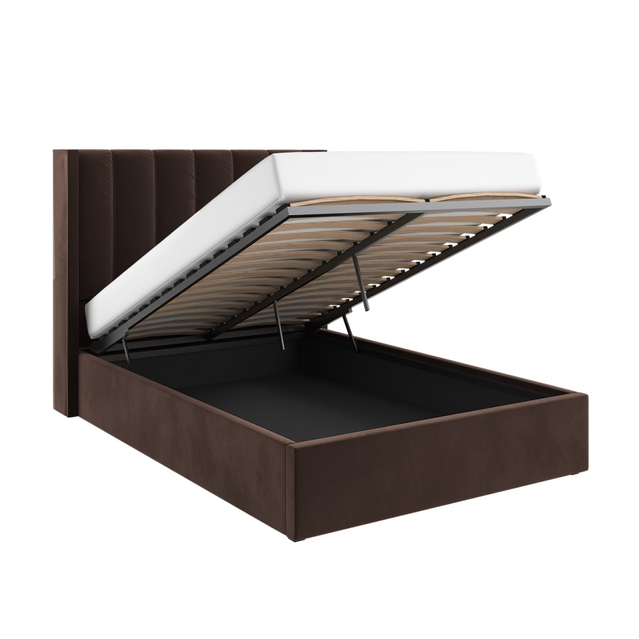 Chocolate Brown Velvet Double Ottoman Bed With Winged Headboard - Maddox