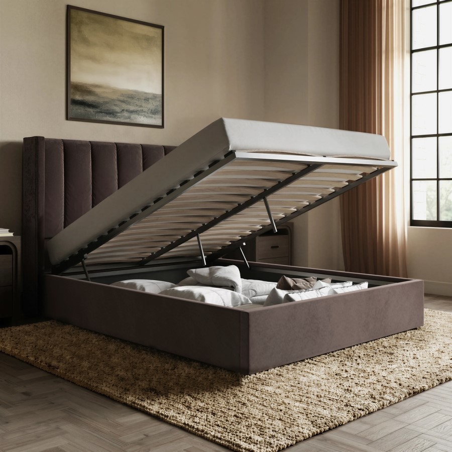 Chocolate Brown Velvet King Size Ottoman Bed With Winged Headboard - Maddox