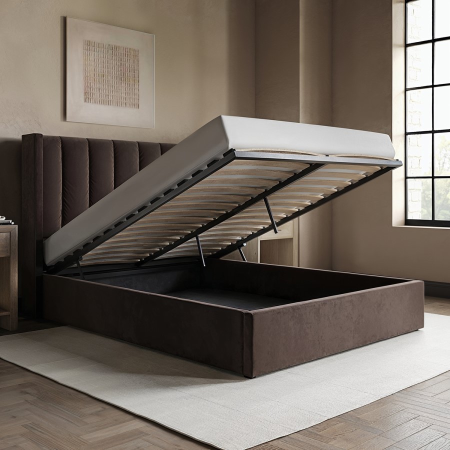 Chocolate Brown Velvet King Size Ottoman Bed With Winged Headboard - Maddox