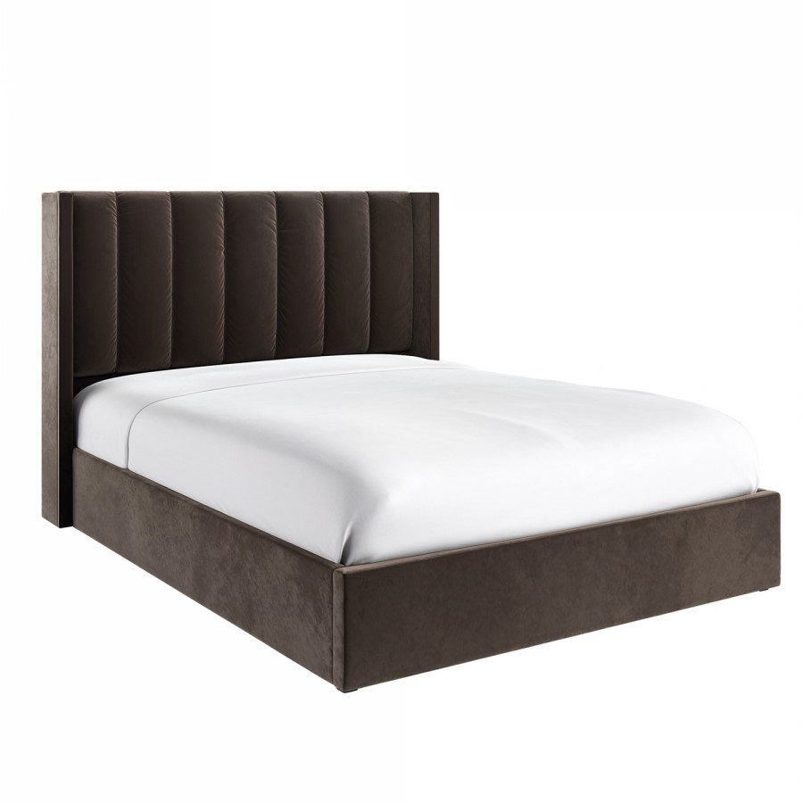Chocolate Brown Velvet King Size Ottoman Bed With Winged Headboard - Maddox