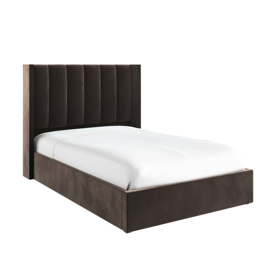 Chocolate Brown Velvet Small Double Ottoman Bed With Winged Headboard - Maddox
