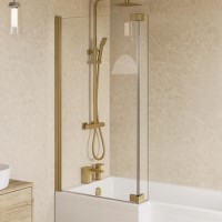 Brushed Brass Pivot L Shape Shower Bath Screen 1450 x 955mm - Maia