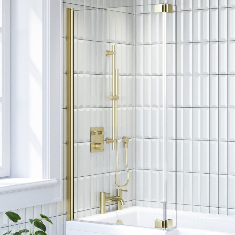 Brushed Brass Pivot L Shape Shower Bath Screen 1450 x 955mm - Maia