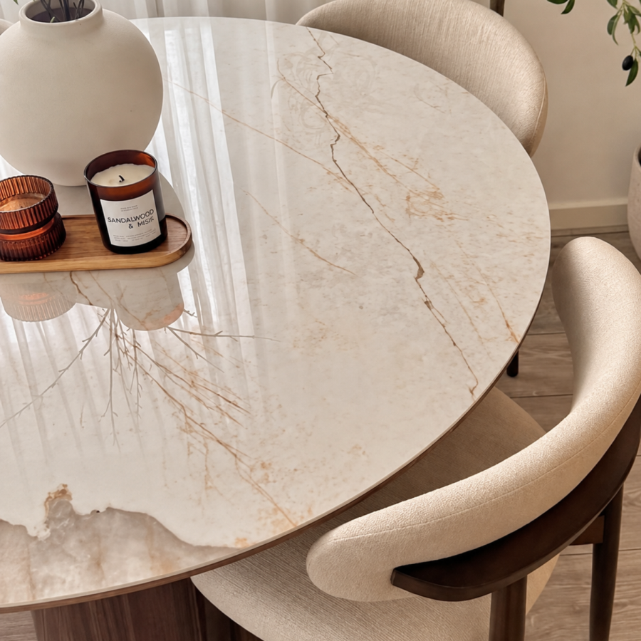 Round Walnut and Marble Effect Pedestal Dining Table - Seats 4 - Malia