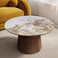 Large Walnut and Neutral Marble Effect Round Coffee Table - Malia