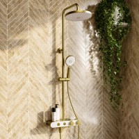 Brushed Brass Round Thermostatic 3 Outlet Mixer Shower Set with Bath Filler Spout Push Buttons and Shelf- Mika