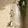 Brushed Brass Round Thermostatic 3 Outlet Mixer Shower Set with Bath Filler Spout Push Buttons and Shelf- Mika