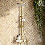 Brushed Brass Round Thermostatic 3 Outlet Mixer Shower Set with Bath Filler Spout Push Buttons and Shelf- Mika