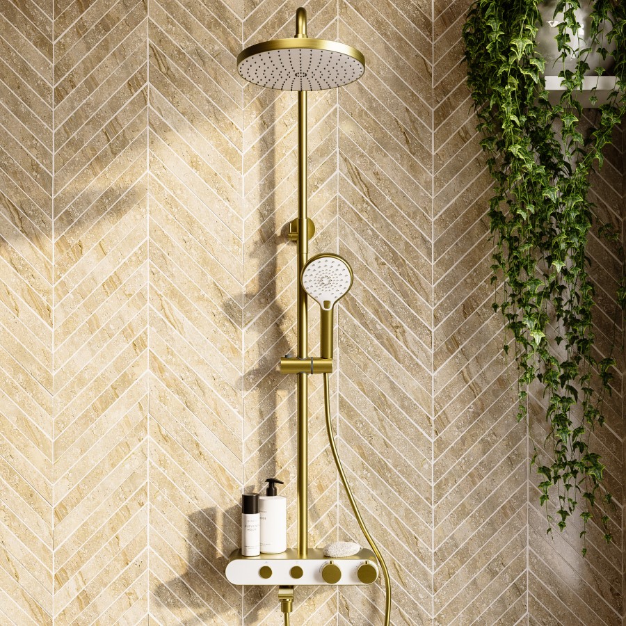 Brushed Brass Round Thermostatic 3 Outlet Mixer Shower Set with Bath Filler Spout Push Buttons and Shelf- Mika