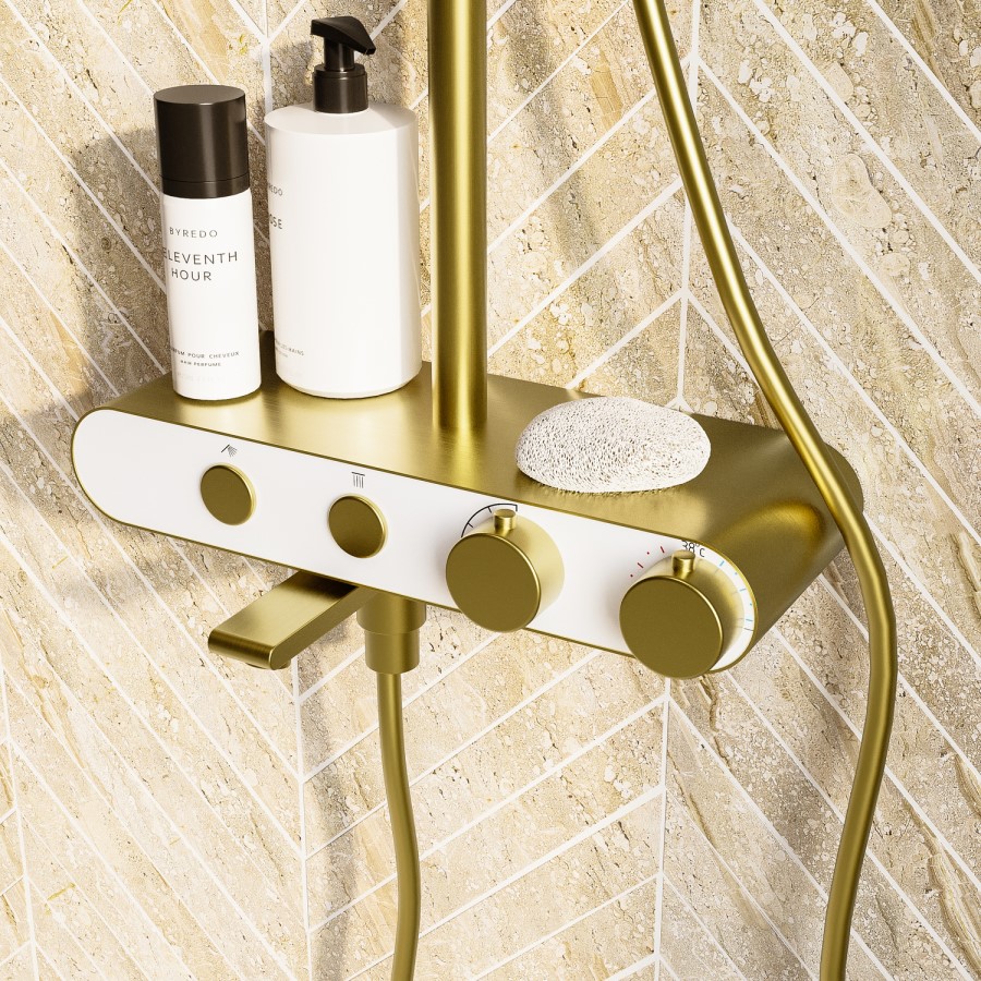 Brushed Brass Round Thermostatic 3 Outlet Mixer Shower Set with Bath Filler Spout Push Buttons and Shelf- Mika