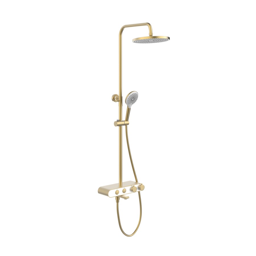 Brushed Brass Round Thermostatic 3 Outlet Mixer Shower Set with Bath Filler Spout Push Buttons and Shelf- Mika