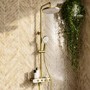 Brushed Brass Round Thermostatic 3 Outlet Mixer Shower Set with Bath Filler Spout Push Buttons and Shelf- Mika