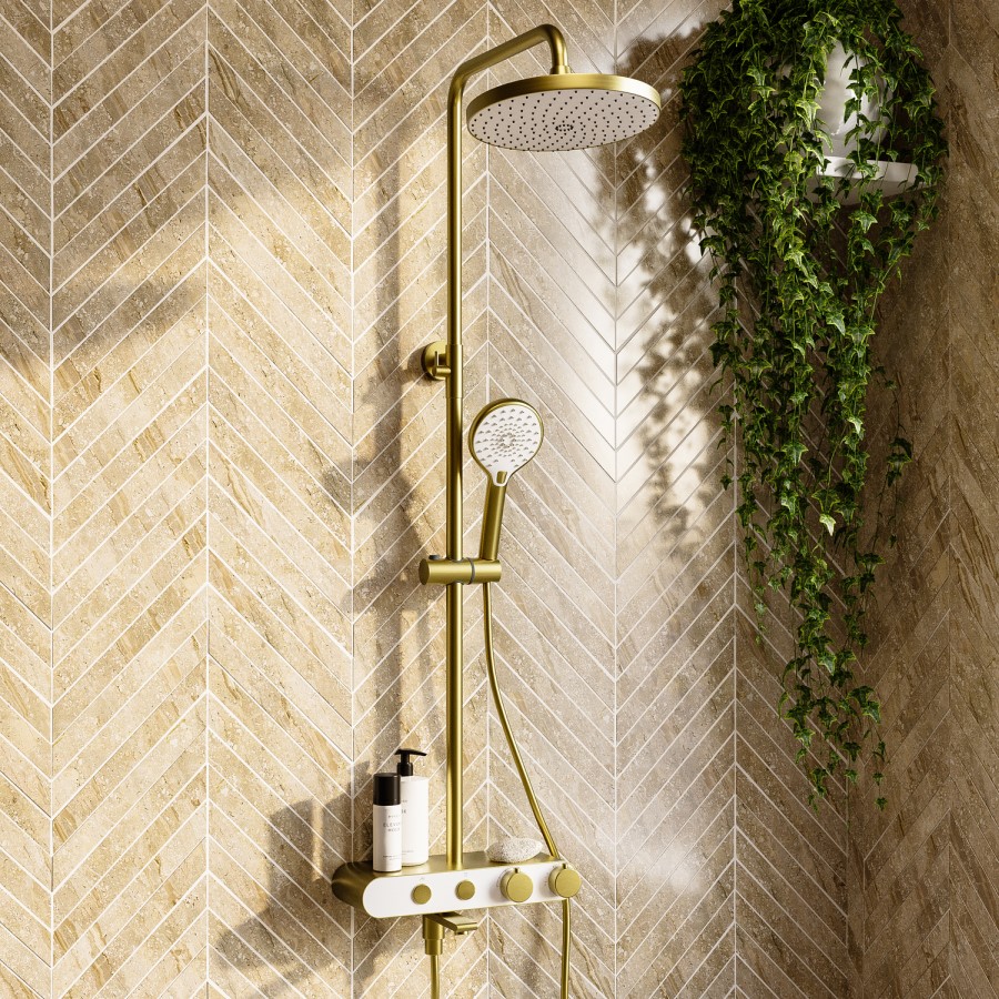 Brushed Brass Round Thermostatic 3 Outlet Mixer Shower Set with Bath Filler Spout Push Buttons and Shelf- Mika
