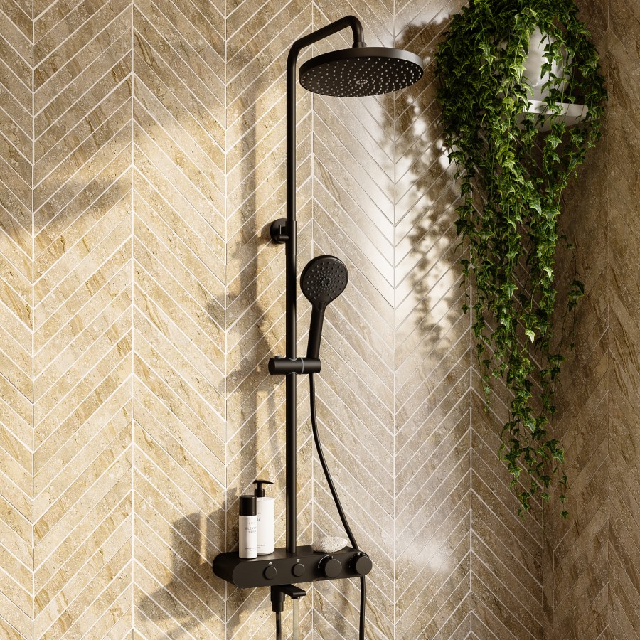 Black Round Thermostatic 3 Outlet Mixer Shower Set with Bath Filler Spout Push Buttons and Shelf- Mika